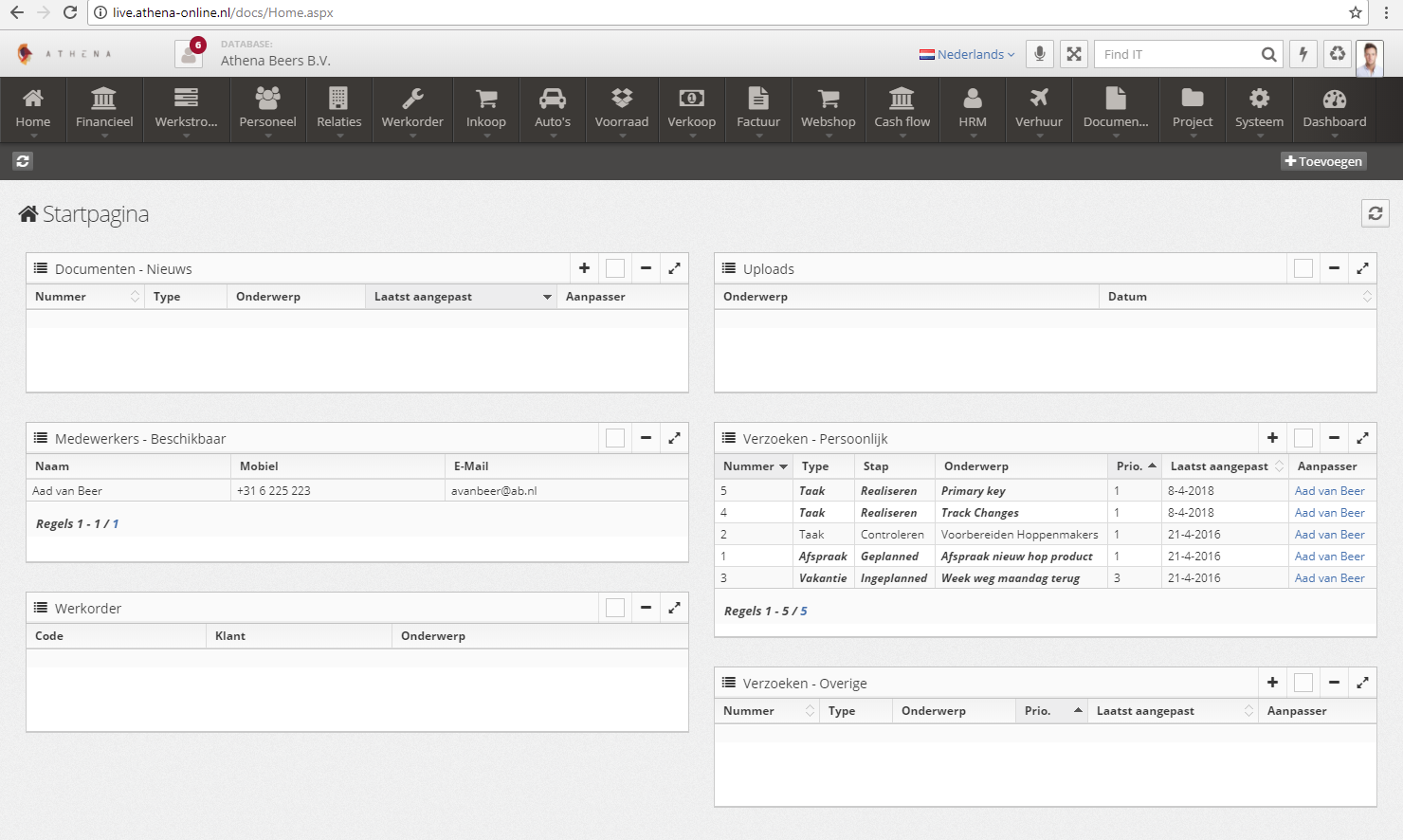 Screenshot van het Athena-Online ERP-dashboard met modules voor financieel, voorraad, verkoop en meer.
